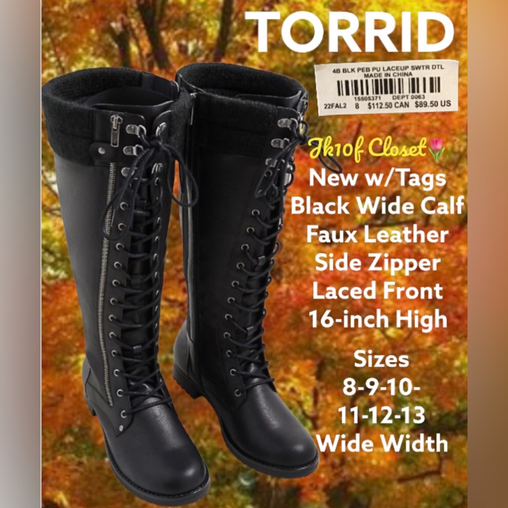 🆕NEW In BOX Torrid Sz13 Wide Calf WideWidth Black Side Zip Laced Fro…
